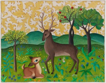 Animal Painting - ciervo de dibujos animados en la colina